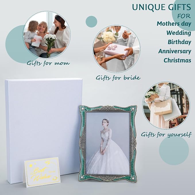 4x6 Vintage Picture Frame Green Metal Emerald Antique Brass Pearl Photo Frame Retro Home Decor, Clear Glass Front, Unique Gifts for Women Wedding Mothers Day, Horizontally & Vertically