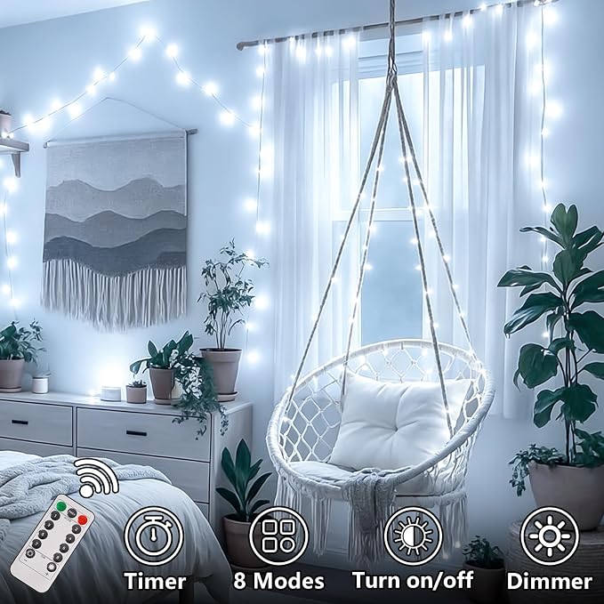 YEGUO Battery Operated String Lights, 2 Pack Each 33ft 100 LED Twinkle Fairy Lights Outdoor Waterproof, 8 Modes Clear Wire White Christmas Lights Indoor with Remote