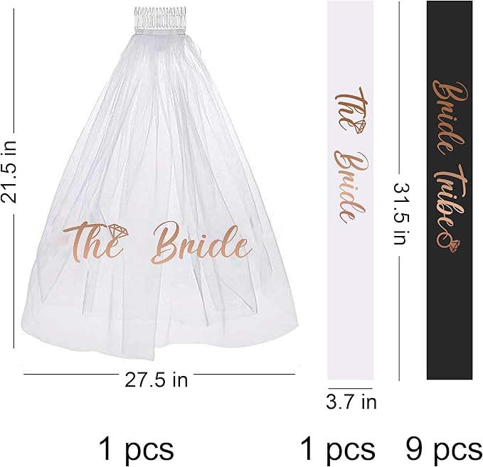 PartyGifts&beyond Bachelorette Party Favors Bride to Be Sash and Veil Set Bachelorette Sashes Bridal Shower Gifts Bride Tribe Sash (11，Black)