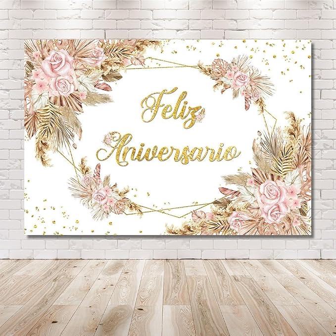 MEHOFOND 10x7ft Boho Feliz Aniversario Backdrop Mr and Mrs Engagement Banner Bohemia Happy Anniversary Wedding Valentines Decorations Blush Pink Floral Photography Background Studio Props