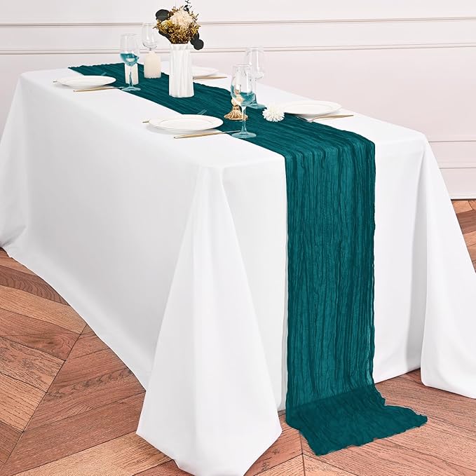 12 Pack Teal Table Runner 10Ft Cheesecloth Table Runner Rustic Gauze Table Runners Romantic Long Sheer Fabric Cheese Cloth Table Runners for Wedding Party Bridal Baby Shower