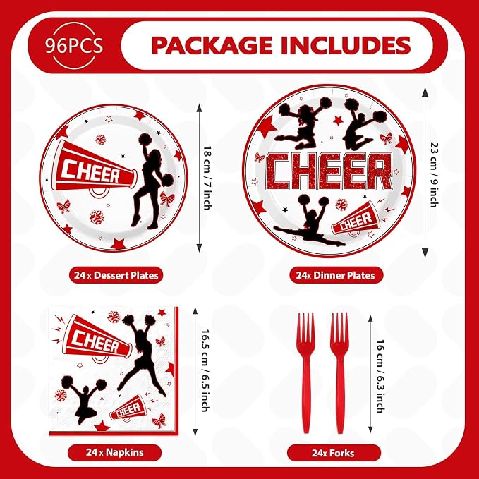 96Pcs Cheer Party Decorations Cheerleader and Loudspeaker Plates and Napkins Red Black White Sports Gymnastics Tableware Set for Girls' Cheer Birthday Ceremony Graduation Party Supplies Serves 24