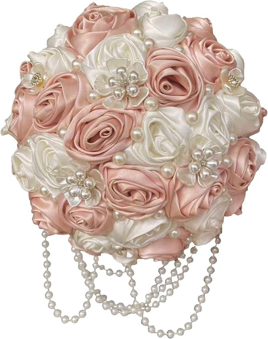 Pink Bridal Wedding Bouquet with Brooch Pearl String Cascade Bouquet for Bride Bridesmaid Quinceanera Satin Rose Flower Bouquet Wedding Pink and Ivory 7.5in