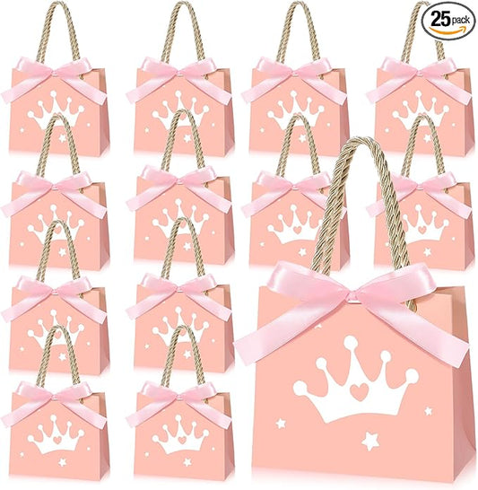 Sinload 25 Sets Small Crown Princess Party Favor Bags for Guests Light Pink Princess Paper Goodie Candy Bags with Handles Ribbons for Pink Themed Birthday Party Gift