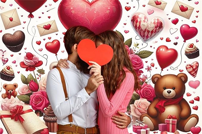 15x8ft Vinyl Happy Valentine's Day Backdrop Rose Bear Hearts Balloons Photo Background Valentines Bridal Shower Mother's Day Photoshoot Backdrops
