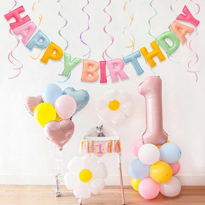 Pre-Strung 3D Pastel Felt Happy Birthday Banner, Handmade Macaron Color Birthday Garland for Party Decorations, Reusable Happy Birthday Sign for Kids Party Supplies Girls Women Rainbow Party Décor