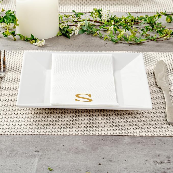 Luxenap 15.8 X 7.9 Inch Linen-Feel Guest Towels, 2000 Lettered Hand Towels - Gold Letter 'S', Sans Serif Font, White Paper Dinner Napkins, airlaid, For Restrooms And Tables