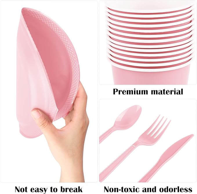 Aodaer 400 Pieces Pink Party Supplies Disposable Dinnerware Set Include Plastic Plates Cups Knives Forks Spoons Paper Napkins for Birthday Wedding Graduation Parties, Serve 50 Guests