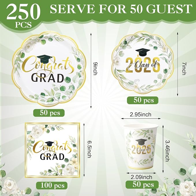 Pickmesh 250 Pcs Class of 2026 Graduation Party Supplies for 50, Sage Green Gold Floral Congrats Grad Paper Plates Napkins Cups Disposable Graduation Party Tableware Set for Grad Table Decoration