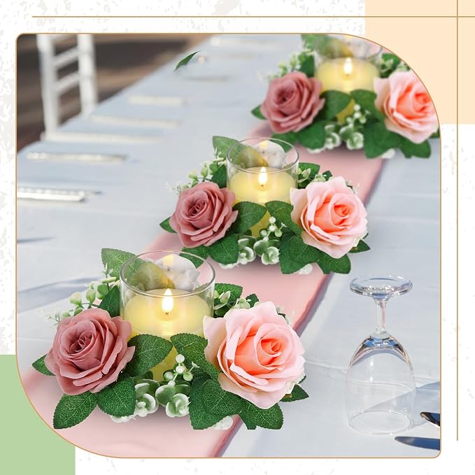 Yunlly 20 Pcs Rose Candle Rings with Flameless Candles Sets, Artificial Flower Eucalyptus Wedding Centerpiece 3 Inch Pillar Candleholders Wreaths for Wedding Party Mother's Day (Pink,White)