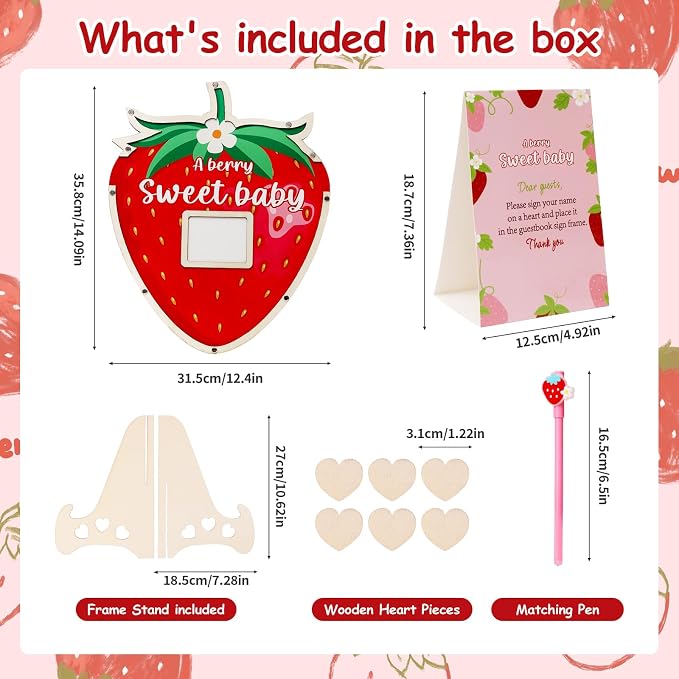 Strawberry Baby Shower Decorations,Berry Sweet Baby Shower Guest Book Alternatives with Strawberry Pen,Photo Frame and 60 Heart Wood Slices for 60 Guests,Gender Reveal Decorations