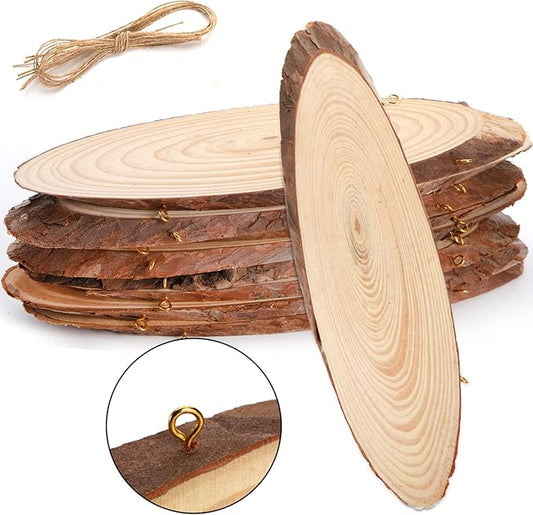 DEAYOU 8 Pack Natural Wood Slices, Unfinished Wood Crafts with Bark, Tree Slice Wooden Sign with Small Eye Ring, Wood Slab Plaque Plank for Centerpiece, DIY, Painting, Ornament, 9-11"L x 3-4"W, Oval