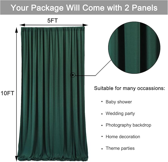 10 ft x 10 ft Wrinkle Free Hunter Green Backdrop Curtain for Parties, Polyester Dark Green Photo Backdrop Drapes 2 Panels 5x10ft for Baby Shower Wedding Birthday Party Photography Curtains