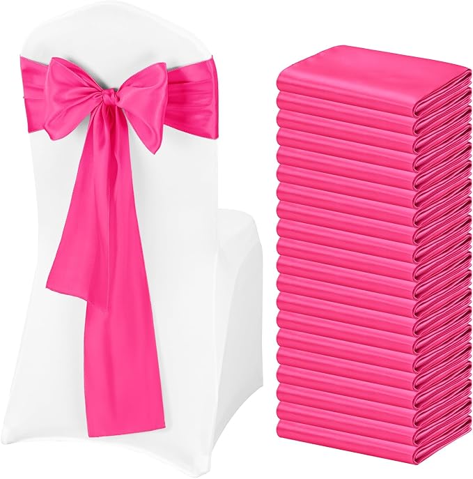 Pesonlook 60 PCS Hot Pink Satin Chair Sashes Bows Satin Chair Sashes Universal Chair Cover for Wedding Reception Restaurant Event Decoration Banquet,Party,Hotel Event Decorations (7 x 108 inch)