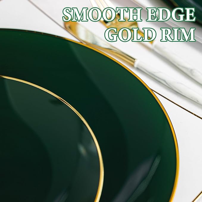 Lullaby 100PCS Green and Gold Plastic Plates, Disposable Green Plastic Plate with Gold Rim, 50PCS Dessert Plates 7" and 50PCS Dinner Plates 10", Perfect for Party Wedding and Daily Use