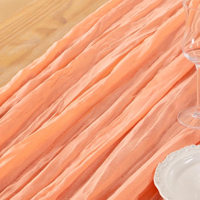 DeZerlor Peach Cheesecloth Table Runner 12 Pack Spring Easter Table Runners Boho Gauze 120 Inches Cheese Cloth Table Decor for Wedding Bridal Baby Shower Parties