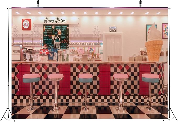 BELECO 15x8ft Fabric Vintage 50s Diner Backdrop for Photography 1950s American Diner Fast Food Soda Shop Restaurant Ice Cream Bar Stools Background 50s Diner Party Decor Photo Booth Studio Props