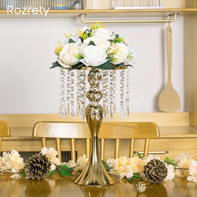 4 Pcs 13.5" Gold Metal Flower Vases for Wedding Table Centerpieces | Gold Finish with Crystal Drops, Durable Metal, for Party Anniversary Home Decor, Easy Assembly, Flowers Not Included