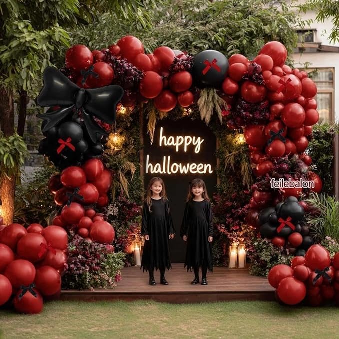 Dark Red Black Balloon Arch Kit with Bow, Double Stuffed Burgundy Black Red Maroon Balloon Garland for Birthday Baby Shower Anniversary Wedding Graduation Mother‘s Day Party Decoration