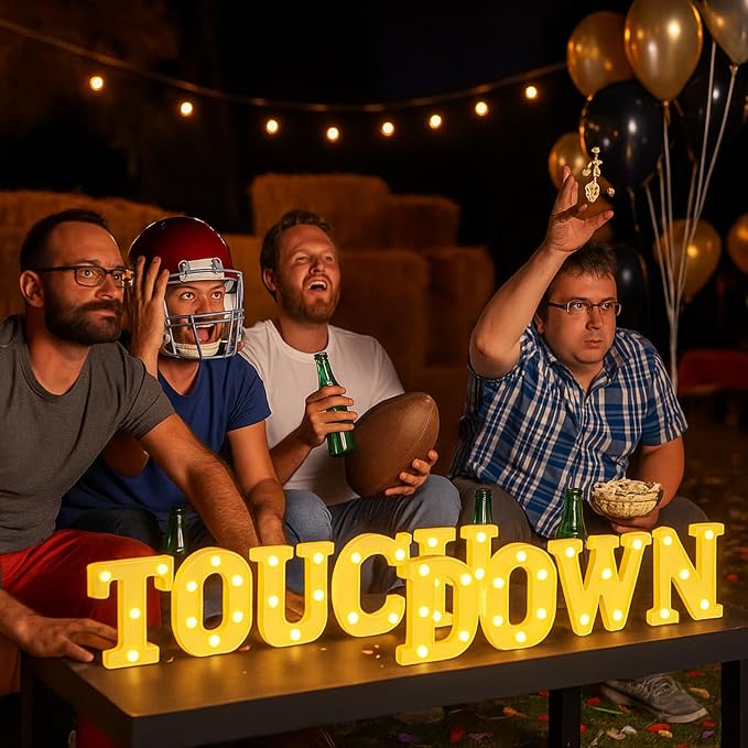 Honoson 9 Pcs Football Party Decorations 'touchdown! ' LED Lights Sign Rugby Theme Sports Neon Sign Lights Table Decoration for Football Birthday Gameday Tailgate Party Decorations