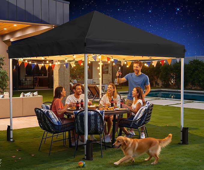10x10 Pop Up Canopy Tent, Shade Canopy with Carry Bag, Center Lock One Push, 3 Adjustable Height, Outdoor Canopy Tents for Parties, Events & Camping - Black