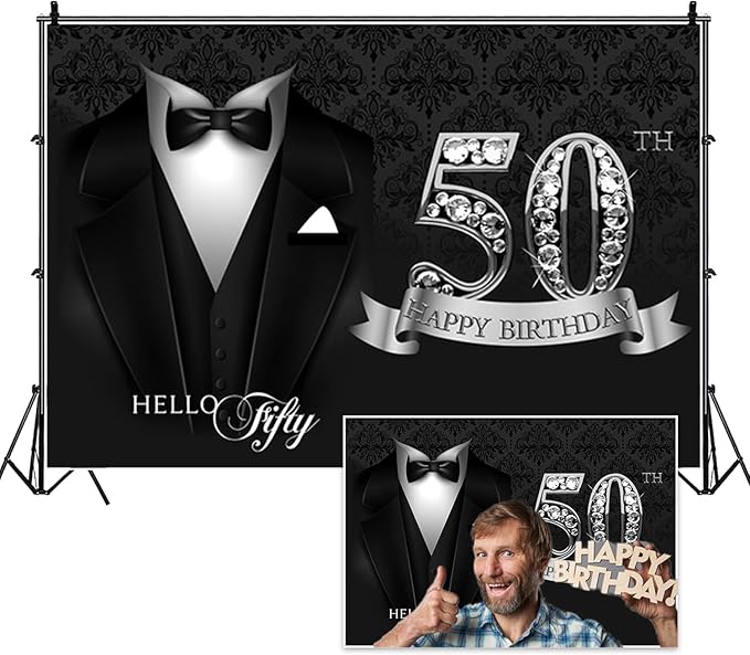 8x6ft Photography Backdrop for Man 50th Birthday Party Decor Black Necktie Suit Tuxedo Silver Diamonds 50th Happy Birthday Background Luxury Hello Fifty Birthday Party Cake Table Banner