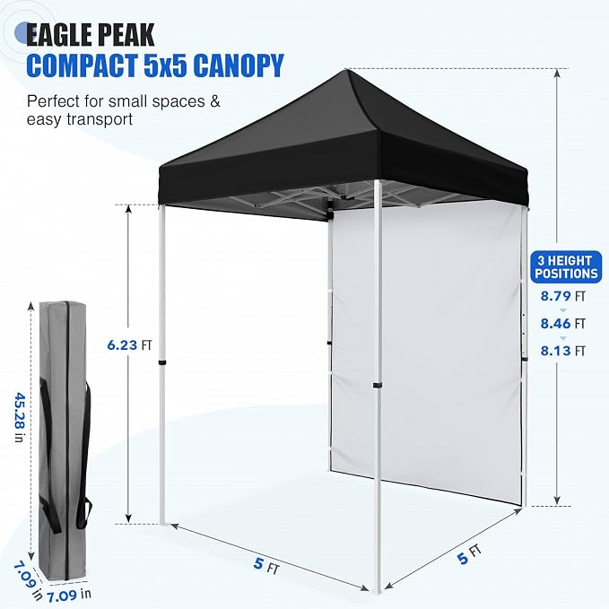 EAGLE PEAK Pop up Canopy 5x5, Outdoor Portable Canopy Tent with One Removable Sunwall, Carry Bag Included, Black