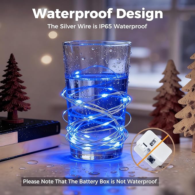 litogo 24 Pack 7FT 20 LED Fairy Lights Battery Operated, 3 Lighting Modes, Bulk Mini Twinkle String Lights Waterproof Silver Wire for Weddings Mason Jars Party Christmas Decorations-Blue