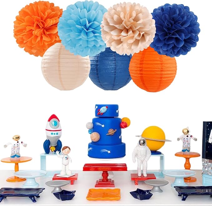 Navy-Blue Orange Champagne Party-Decorations Paper-Flowers - 15pcs Fall Birthday Baby Bridal Shower Tissue Pom Poms Lanterns Streamers Honeycomb, Wedding Bachelorette Hanging Supplies Decor Hugfond