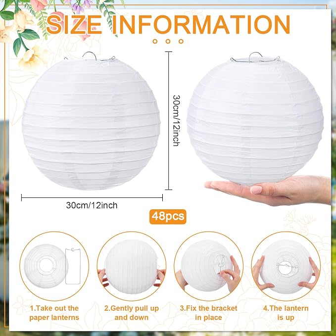 Treela 48 Pack White Chinese Japanese Paper Lanterns Decorative Hanging Round Paper Lantern Lamps for Wedding Birthday Party Decorations (12 Inch)