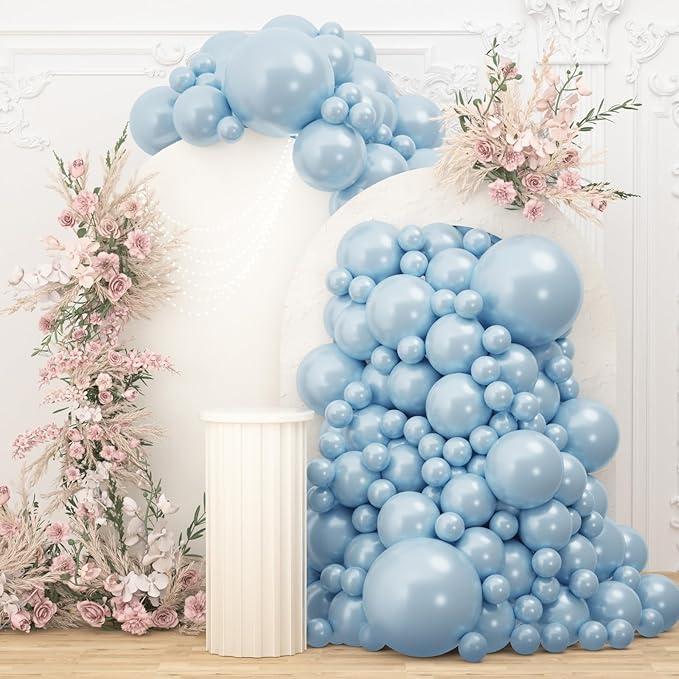 108Pcs Pearl Blue Double Stuffed Balloons Different Size, 18/12/10/5 inch Baby Light Blue Balloons Garland Arch kit for Birthday Baby Bridal Shower Wedding Party Decorations