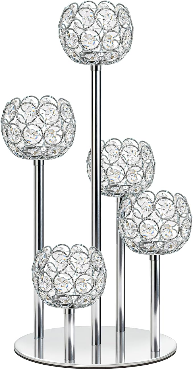 5-Arm Crystal Tealight Candelabra Centerpiece, 14.8 Inch Metal Candle Holder for Table Decor, Wedding, Christmas, Party, Anniversary & Home Decoration (1, Silver, S-14.8 in)