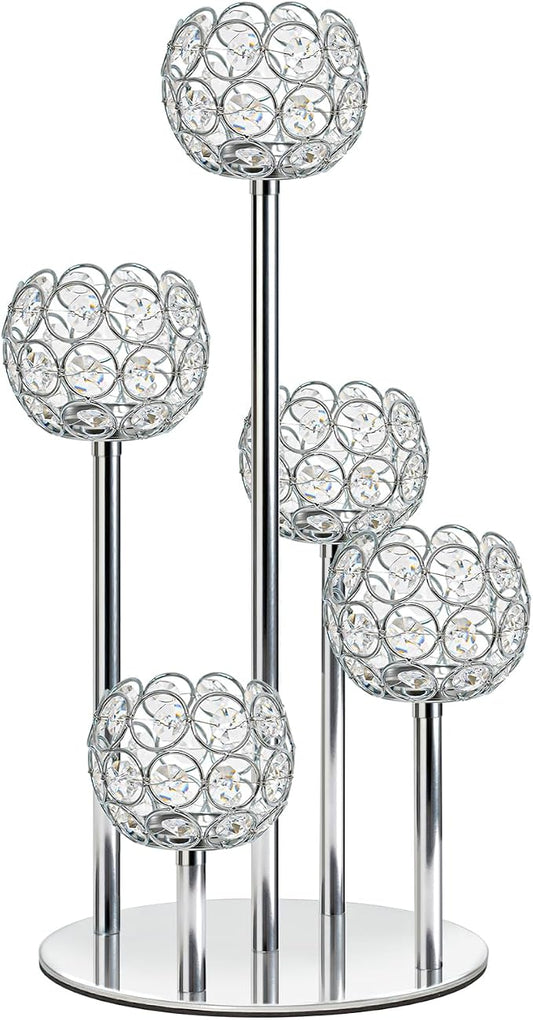 5-Arm Crystal Tealight Candelabra Centerpiece, 14.8 Inch Metal Candle Holder for Table Decor, Wedding, Christmas, Party, Anniversary & Home Decoration (1, Silver, S-14.8 in)
