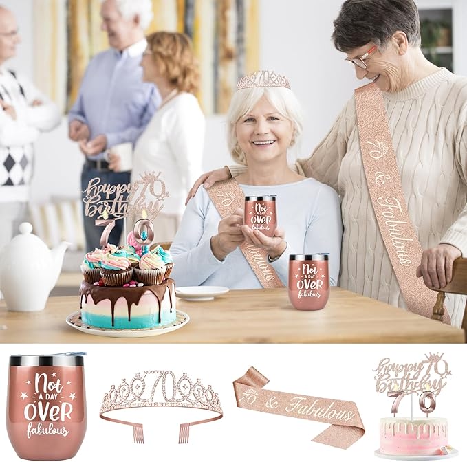 70th Birthday Decorations for Women with 70th Birthday Sash and Crown, Cake Topper and Candles, 12oz Wine or Coffee Tumbler Mug with Lid, 70 Year Old Gifts for Women