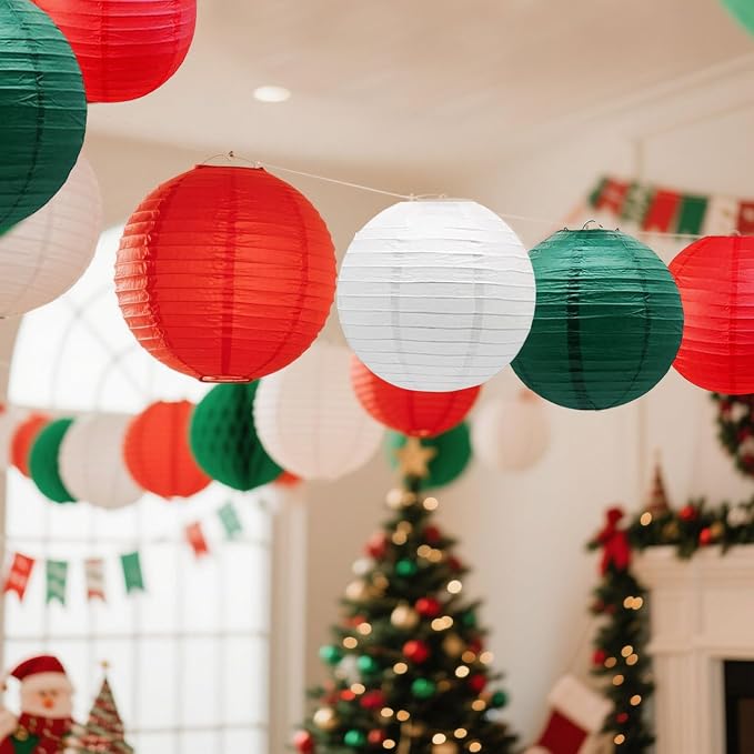 Red -White and Green Paper Lanterns 12Pcs Hanging Lanterns for Christmas Theme, Wedding, Birthday Party, Baby Shower Festive Decoration