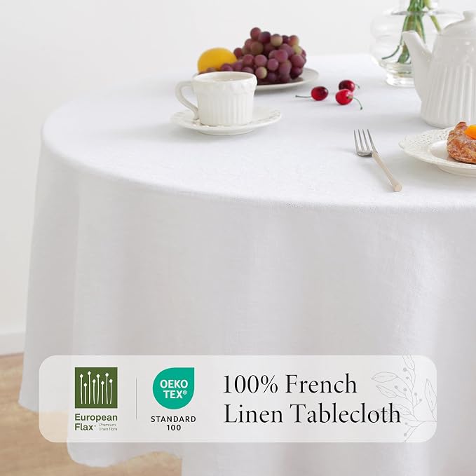 Linen World Linen Tablecloth,100% French Linen Round Tablecloth 60" Inch,Washable White Tablecloth for Dining,Outdoor,Weddings and Restaurants,Decorative Thanksgiving Christmas