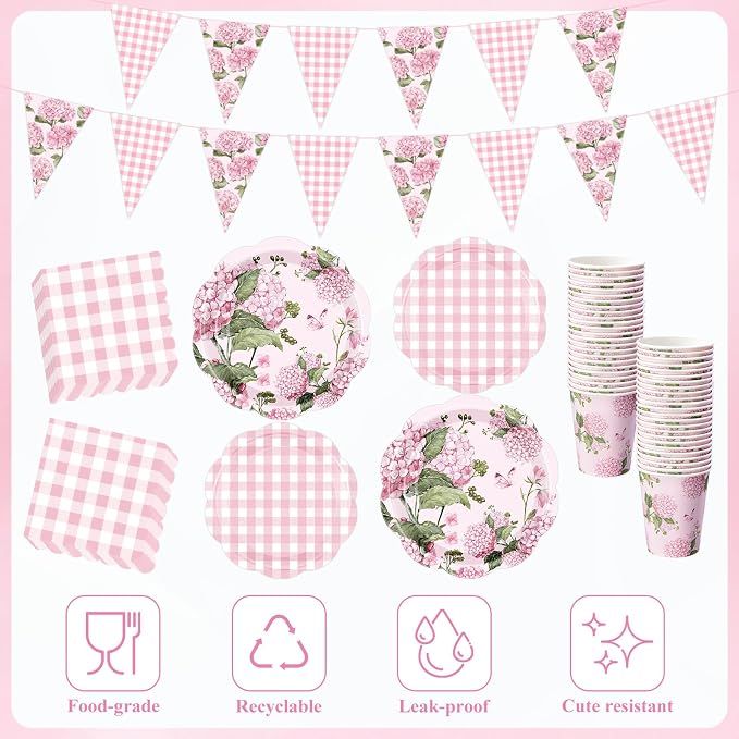 LemonRoad 128 Pcs Pink Gingham Hydrangea Party Decoration for 25, Pink and White Floral Checkered Paper Plates Napkins Cups Tablecloth Forks Banner for Bridal Baby Shower Birthday Tea Party Supply