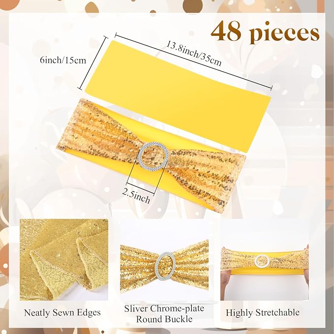 Newwiee 54 Pcs Gold Sequin Chair Sashes and Table Runners, 48 Sequin Chair Bows, 6 Glitter Table Runners for Birthday Party Wedding Banquet Holiday Decorations