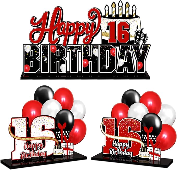 LINGTEER Happy 16th Birthday Red Acrylic Table Topper Centerpieces Set - Cheers to Sixteen Years Old Birthday 16th Bday Party Gift Decorations.