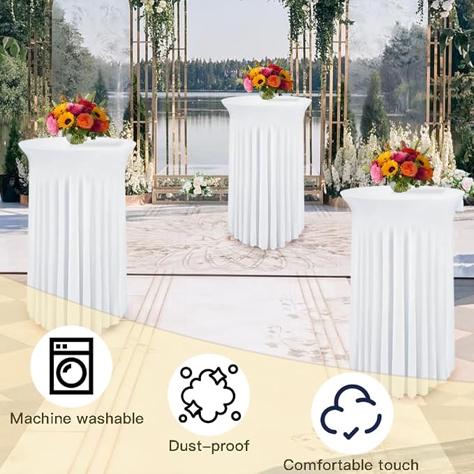 WJWHQ 5 Pack Round Spandex Cocktail Tablecloths with Skirt - Stretch Table Covers for High Top Bar, Wedding, Party, Banquet (White, 32 x 43 Inch)