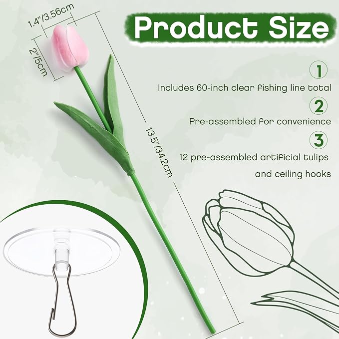 12 Pack Light Pink 5 ft Artificial Tulips Hanging Flower Garland Decorations Spring Summer Dangling Faux Tulip Floral Vine Strings with Hooks for Wall Ceiling Wedding Tea Party
