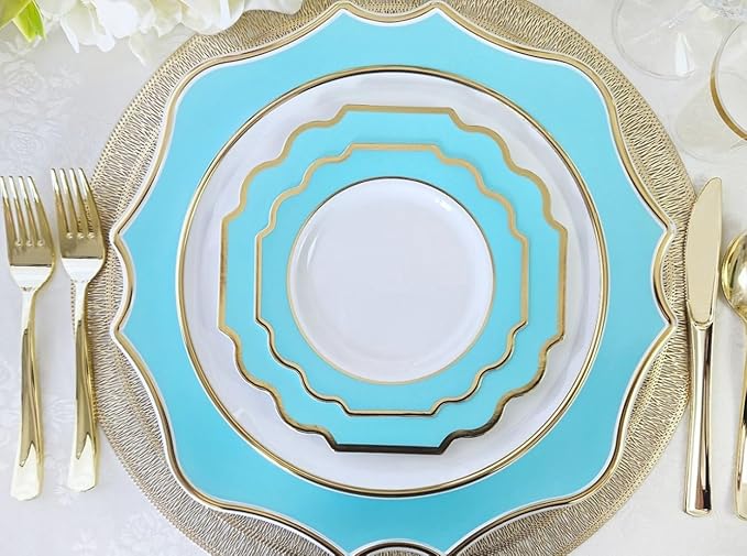 OCCASIONS 80 Plates (40 Guests) Heavy Duty Disposable Aqua & Silver Plastic Plates for Wedding Party, Elegant Dinner & Dessert Set, 40x10.5" + 40x8" - Imperial Aqua & Silver