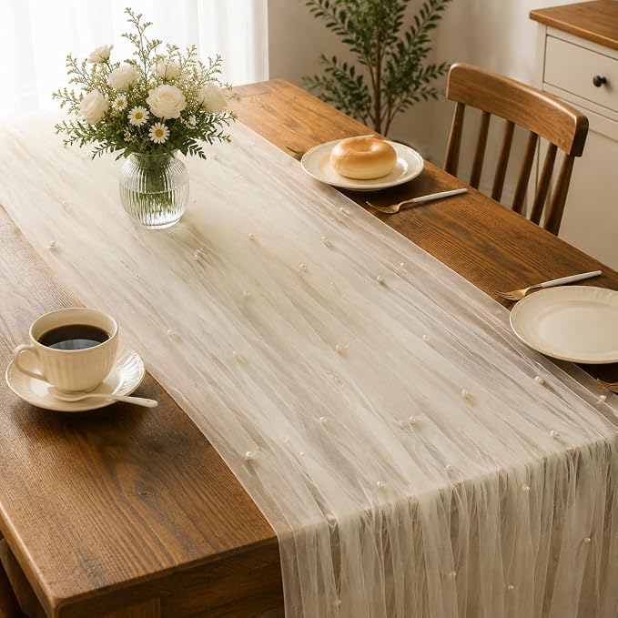 Pearl Beige Gauze Pearl Table Runner 120 Inch 10FT, Seasonal Sheer Dining Holiday Wedding Birthday Baby Shower Tulle Summer Table Decor for Home Party