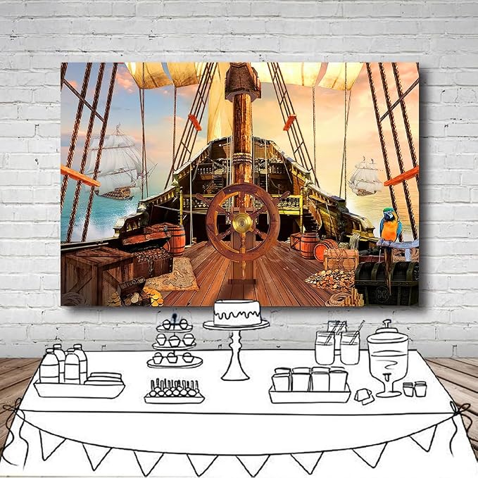 15x10Ft Pirate Ship Backdrop for Photography Nautical Treasure Map Old Wooden Deck Kids Boys Happy Birthday Supplies Baby Shower Decorations Background Banner Photo Studio Booth Props