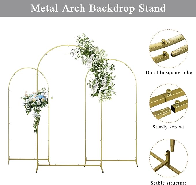 Gawicpy Wedding Arch Backdrop Stand Set Metal Arch Backdrop Stand with Wedding Arch Cover, Wedding Balloon Arch Backdrop Stand for Birthday, Baby Shower, Anniversary (White, 5.9FT+6.6FT+7.2FT)