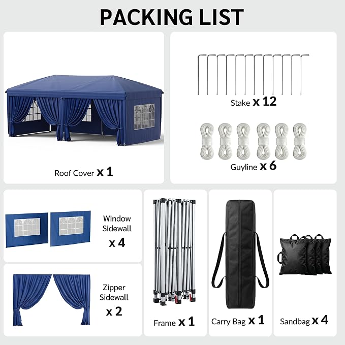 KIGOTY 10x20 FT Portable Pop Up Canopy Tent, Adjustable Height Instant Gazebo with Sidewalls, Sandbags, Waterproof Outdoor Canopy for Camping, Parties, Vendor Events (Blue, 3m × 6m with sidewalls)