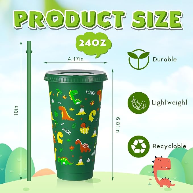 Uiifan 12 Pcs Plastic Dinosaur Cups for Kids 24oz Reusable Dino Tumbler with Lid and Straw Dino Party Favors Drinking Cups for Kids Boy Baby Shower Birthday Supplies Dinosaur Gifts