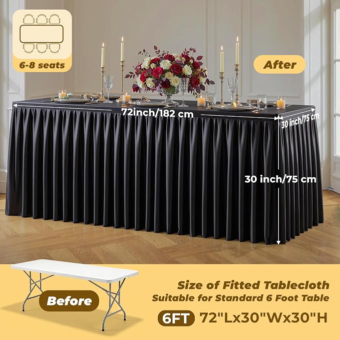 Black Polyester Table Cloths for Rectangle 6 Foot Tables, 1 Pack Wrinkle Free Tablecloths Stretchy Banquet Ruffle Fitted Table Cover Desk Skirt for Parties Wedding Birthday Baby Shower