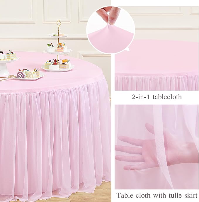 HB HBB MAGIC Light Pink Round Tablecloth 60 inch Stretchy Elastic Fitted Round Table Cloth Cover, Pink Table Cloths for Parties Tulle Table Cloth with Skirt Wedding Bridal Shower Tables Decoration