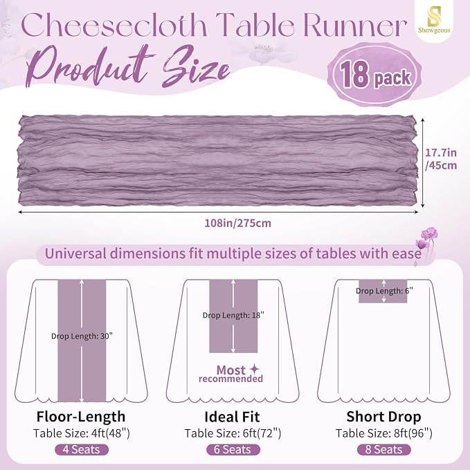 18 Pack Purple Cheesecloth Table Runner 17 x 108 inch Boho Gauze Table Runner Rustic Sheer Cheese Cloth Table Decorations for Wedding Party Baby Bridal Shower Birthday Holiday Home